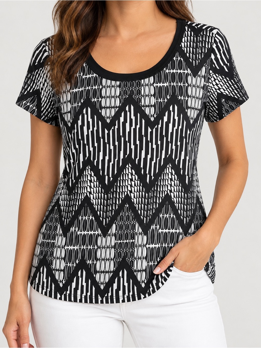 Susan Lawrence Black & White Chevron Graphic Scoop Neck Tee S